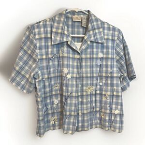 Vtg  Koret Francisca Blue Embroirery Plaid  Shirt Dainty  Beads Flower Petite M